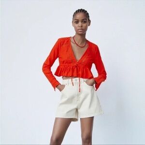 Zara Red Long Sleeve Crop Top Size M